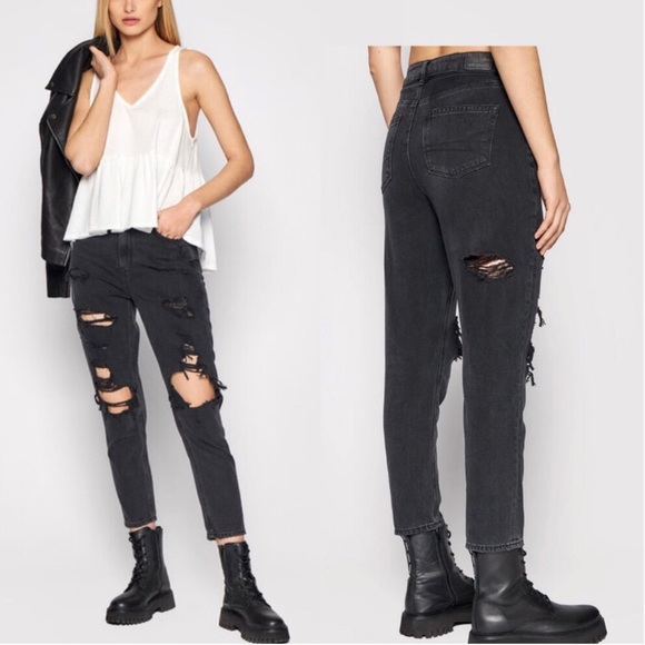 American Eagle 8 Long Mom Jeans Women’s Black Distressed 2021 Back Ripped - Picture 1 of 11